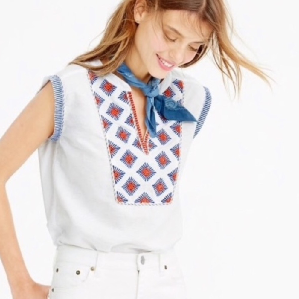 J Crew Sunburst Embroidered Linen Sleeveless Top